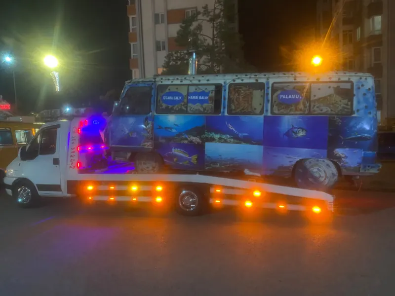 Balık resimleriyle kaplı minibüs gece çekicide
